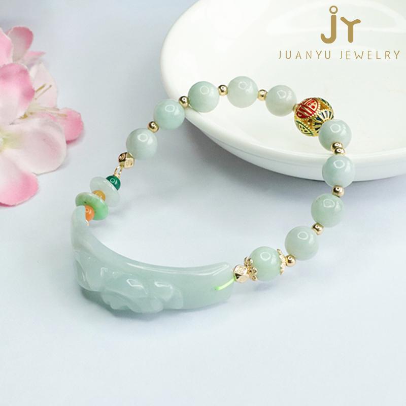 Juanyu Green Jadeite Bracelet Natural Stone Jade Bracelet Pixiu Myanmar Jade Bracelets 17.5cm&8mm