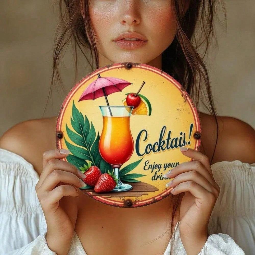 Vintage Tropical Metal Round Wall Sign 2D Retro Bar Cafe Home Kitchen Decor Tin Plate Cool Drink Summer Theme Art