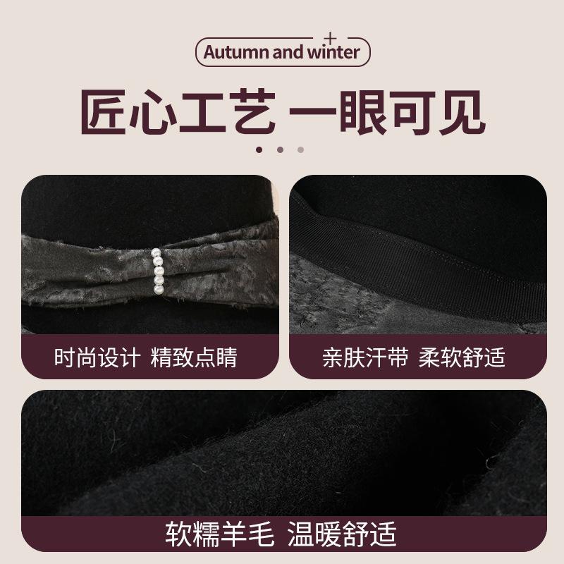 Wool Pot Hat Jacquard Velvet Ribbon Hat Women's Autumn and Winter Elegant Fashion Top Hat Shows Small Face