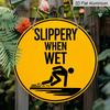 2D Flat, 1pc Round Aluminum Hanging Sign - "Slippery When Wet" Safety Warning Metal Wall Art, Yellow & Black Retro Caution Design, Perfect for Pool