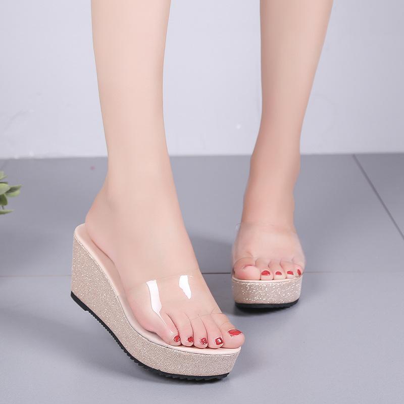 Fashion Low House Slippers Platform Shoes Luxury Slides Transparent Heel On A Wedge Designer Flat Sexy Fabric PU Rubber Bling Shoes Slip