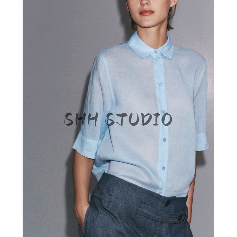 Summer New Product Women's Clothes Decorated Row Button Straight-leg Hem Lapel Short Sleeve Casual Temperament Shirt 3732927