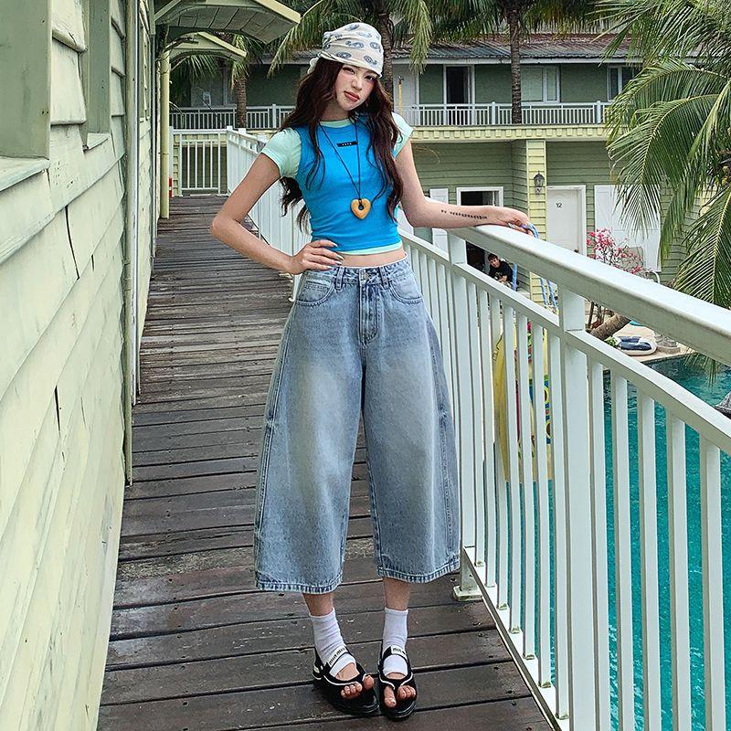 Trendy Summer Hot Girl Wide Leg Curved High Waist Loose Trendy Straight Denim Cropped Capri Pants Slimming Versatile Streetwear