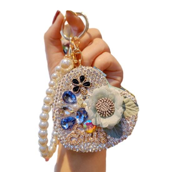 Folding Mirror Keychain Women Portable Makeup Mirror Rhinestone Faux Pearl Chain Sparkling Mirror Pendant for Touch-Ups Handbag