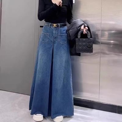 Pantalones vaqueros retro holgados de pierna ancha para mujer, diseño de primavera, culotte con bordes rugosos, pantalones de piso drapeado, ropa de mujer sencilla