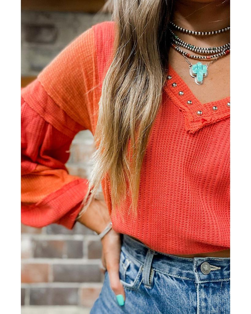 Azura Exchange Red Studded V Neckline Exposed Seam Textured Knit Top