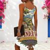 Women Plus Size Criss Cross Cutout Neck Sleeveless Landscape Printed Fitted Curved Hem Dress