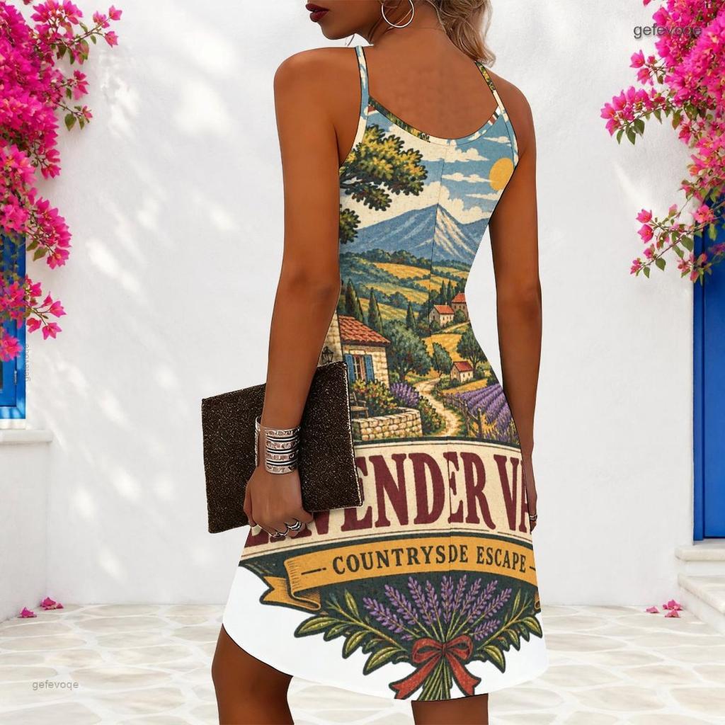Women Plus Size Criss Cross Cutout Neck Sleeveless Landscape Printed Fitted Curved Hem Dress