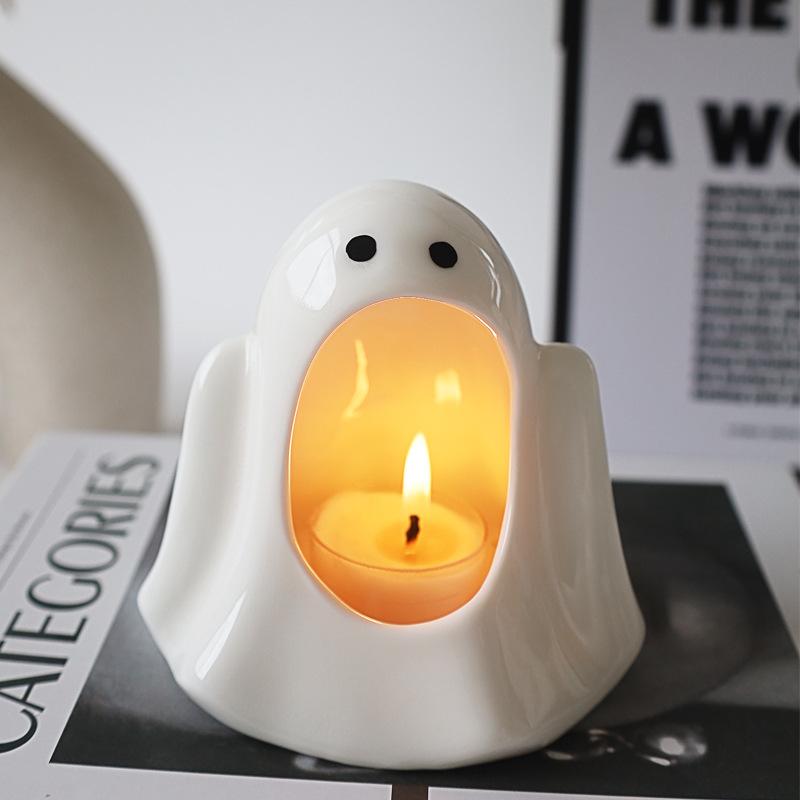 Cartoon Candlestick Ceramic Ghost Candlestick Halloween Ghost Candle Holder Home Desktop Decorative Ornaments Handicraft