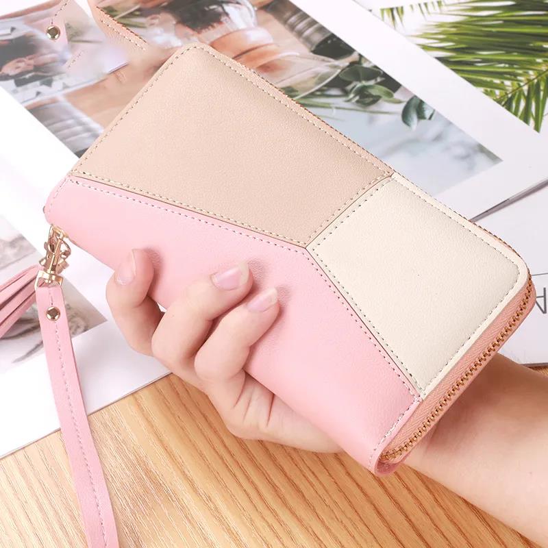Bolso de borlas para mujer Billetera cosida de cuero Bolso largo con cremallera para teléfono móvil Bolso de mano informal para cambio Bolso de color contrastante para dama