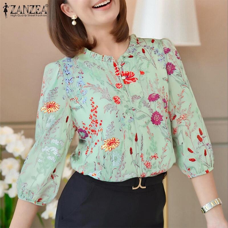 ZANZEA Women Casual Round Neck 3/4 Sleeve Loose Print Blouse