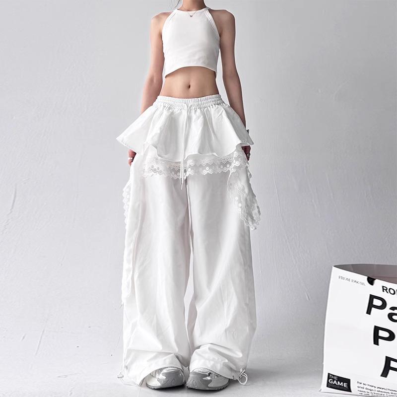 White pants women's summer thin stacked skirt design tooling casual pants women's niche splicing