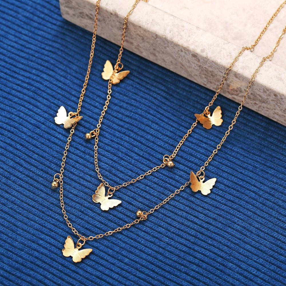 C102 Ins Minimalist Style Personality Double Layer Butterfly Necklace Butterfly Pendant Multi-layer Necklace