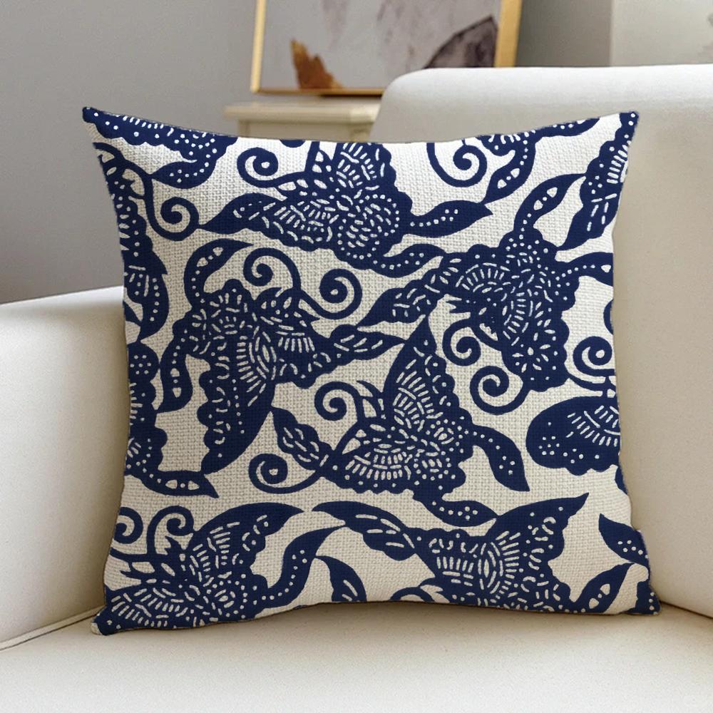 B-Blue Calico Cushion Cover Cushion Cover Pillowcase, Anti-Mite Invisible Zipper, Linen Sofa Cushion