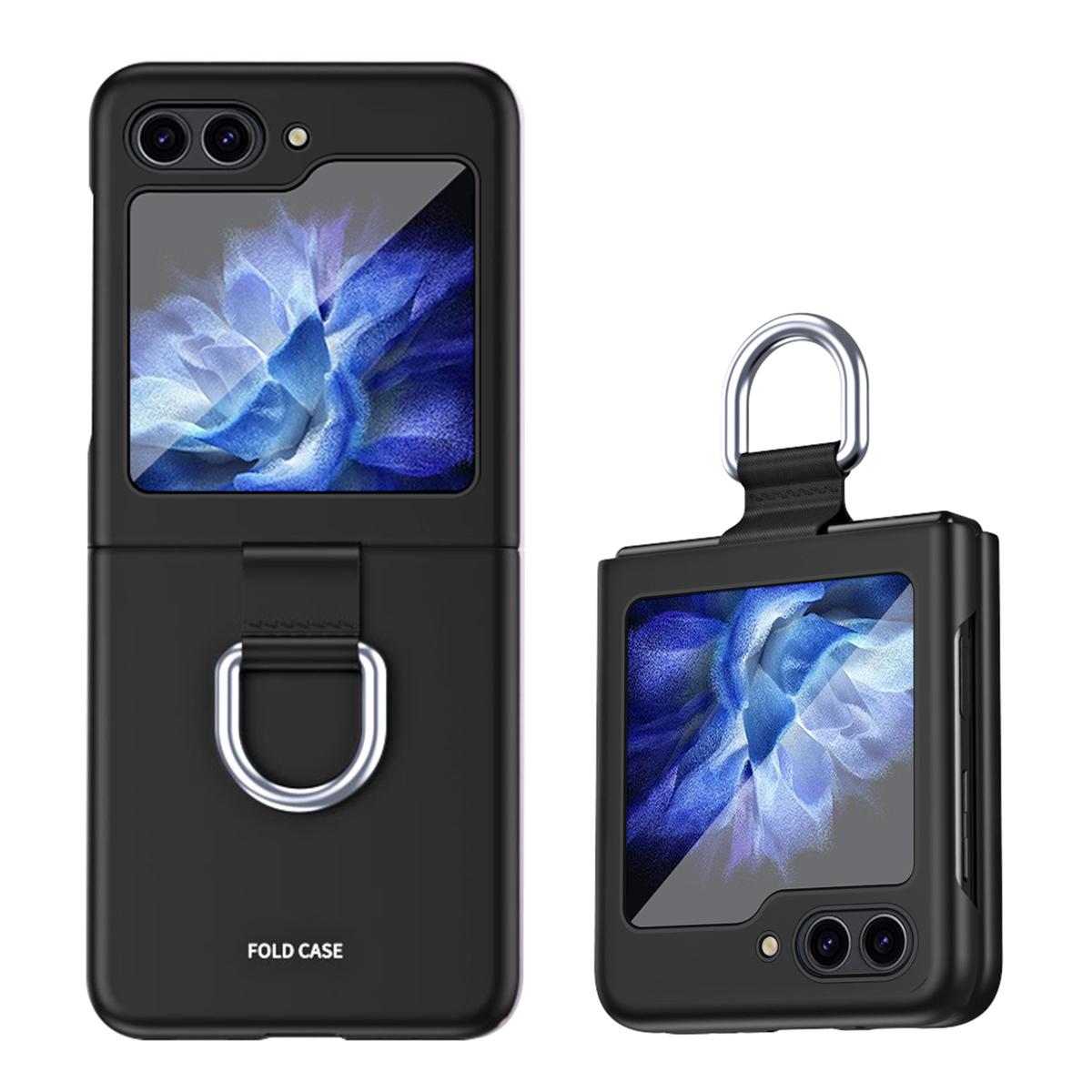 

For Samsung Galaxy Z Flip5 5G Hard PC Phone Case Ribbon Metal Ring Holder Anti-Scratch Phone Cover Black