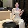 Satin Bandeau Hip Dress Female Slim Slim Heavy Work Sequins Celebrity Banquet Evening Dress Long Skirt