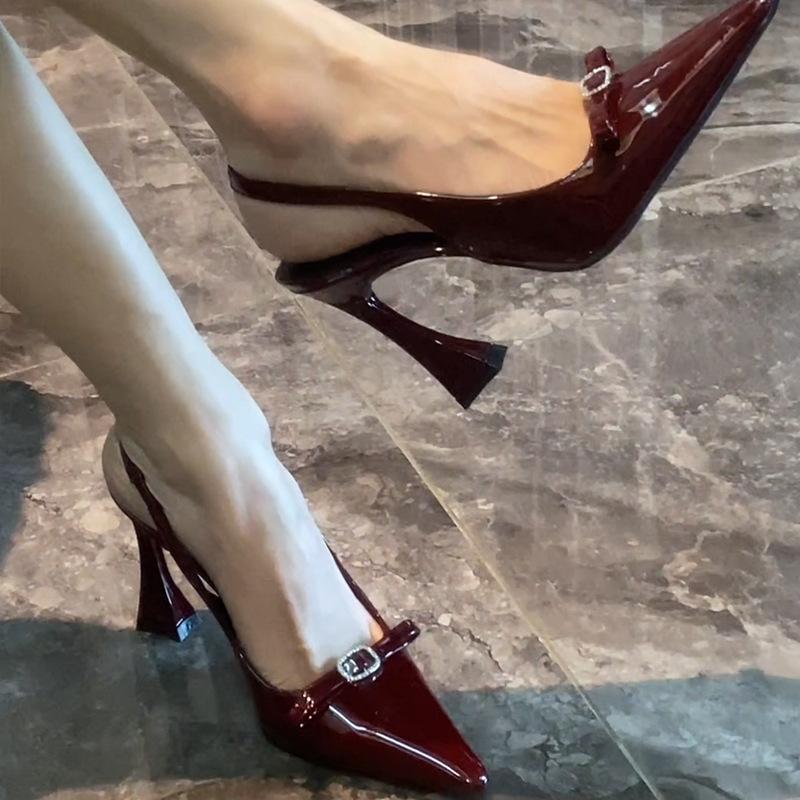 Burgundy Bow Buckle Rhinestone Sandals Women's Horseshoe Heel One-word Strap Sexy Celebrity High Heels