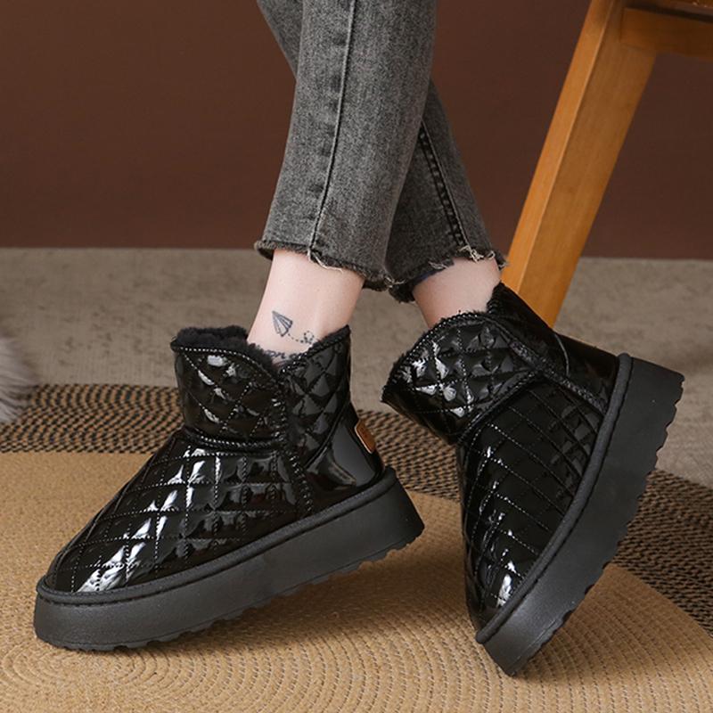 Fashion Thicken Warm Plush Snow Boots Women Thick Sole Patent Leather Waterproof Winter Boots Woman Non Slip White Platform Ankle Botas
