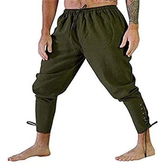 Pantaloni da Uomo Medievali Vichinghi Pirata con Cinturino alla Caviglia Elastico in Vita Larga Pieghettati Allacciati Monocromatici Pantaloni Corti Costume da Performance Cosplay