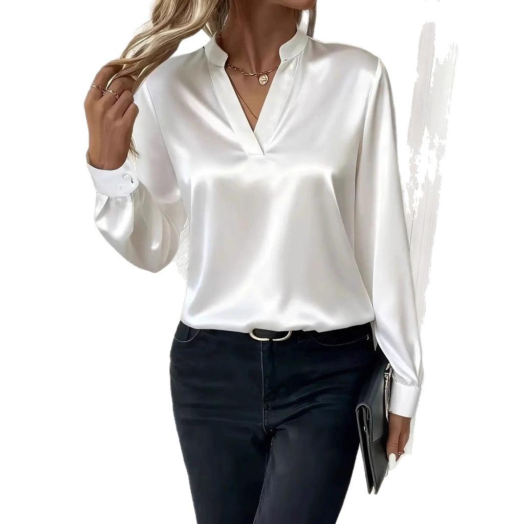 Elegant Long Sleeve V-Neck Silk-Like Top for Women, Perfect for Office & Evening Wear
