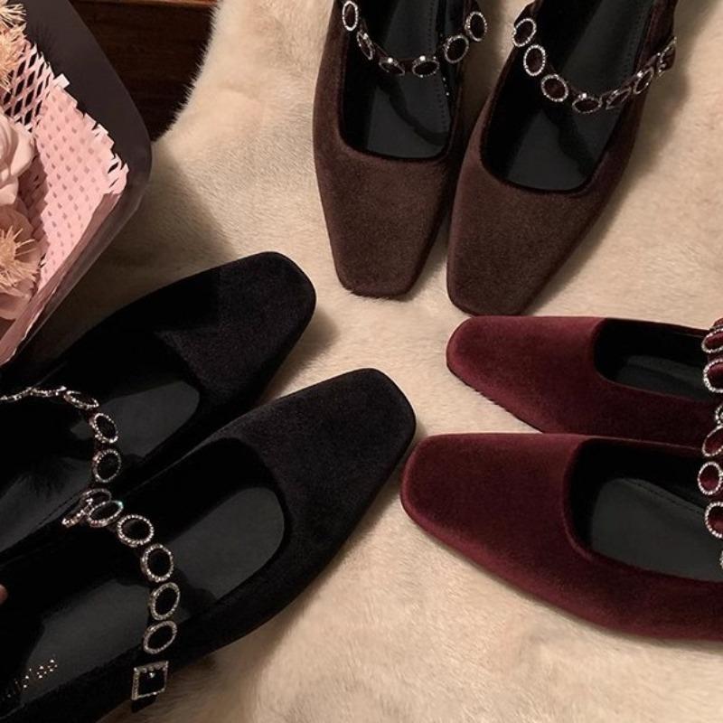 Square head shallow mouth high heels one-word diamond strap low heel suede Mary Jane single shoes women