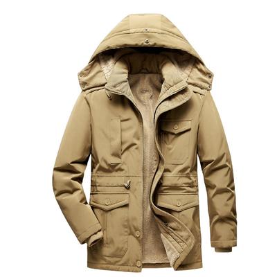 Casaco de inverno acolchoado de algodão de meia-idade, tamanho grande, masculino, top com vários bolsos, solto, cor sólida, casual, jaqueta de lã