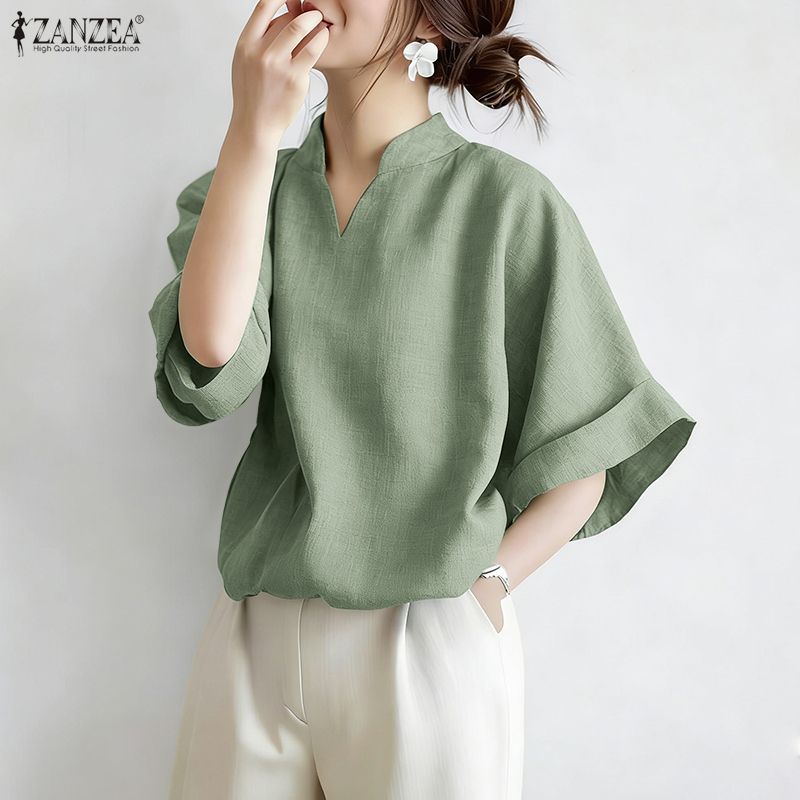 ZANZEA Women Casual V-Neck Solid Color Loose Half Sleeve Blouse