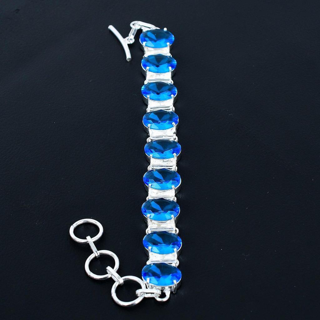 London Blue Topaz Armband 925 Sterlingsilber Armband Verstellbares Kettenarmband Handgefertigtes Boho-Armband Blautopas Edelstein Schmuck Partykleidung Geschenke