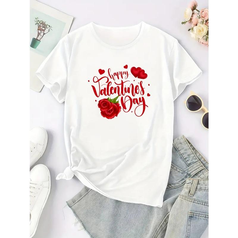 Europäische Größe Kreativ Valentinstag Glücklich Bedruckt Damenmode Bequem Atmungsaktiv Lässig Sport T-Shirt Top Kurzarm