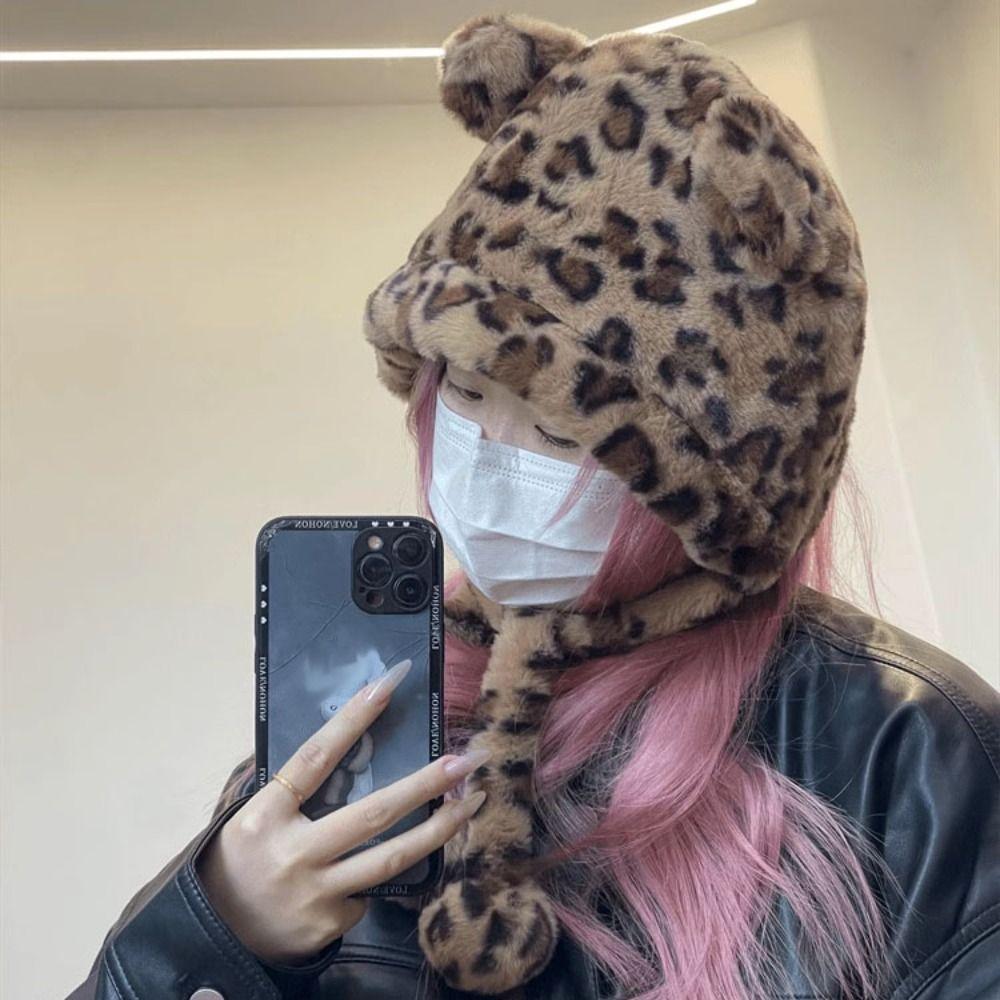 Fashion Design Plush Bear Hat Leopard Print Ear Protection Hat Warm Cartoon Fleece Hat  Girls