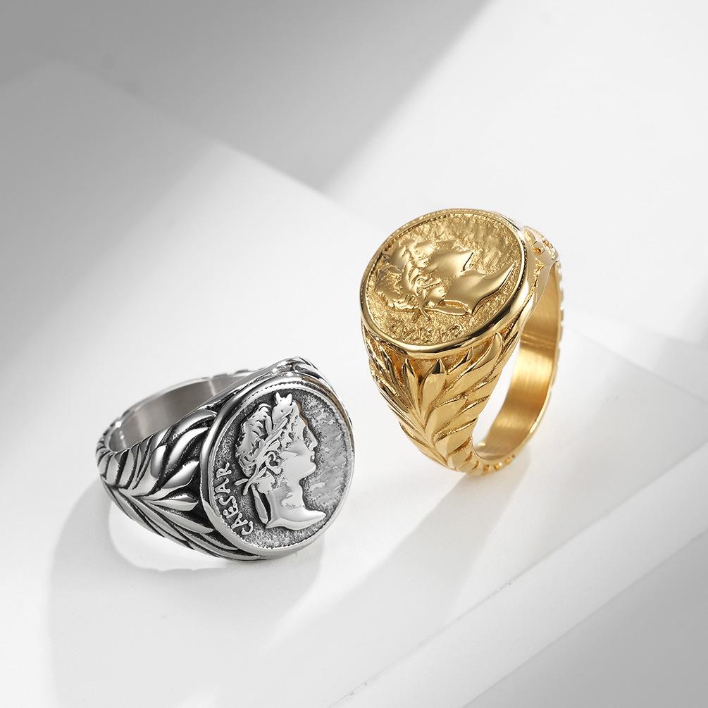 European and American Style Roman Empire Julius Caesar Stainless Steel Ring Ring, Retro Coin Caesar Head Hipster Jewelry