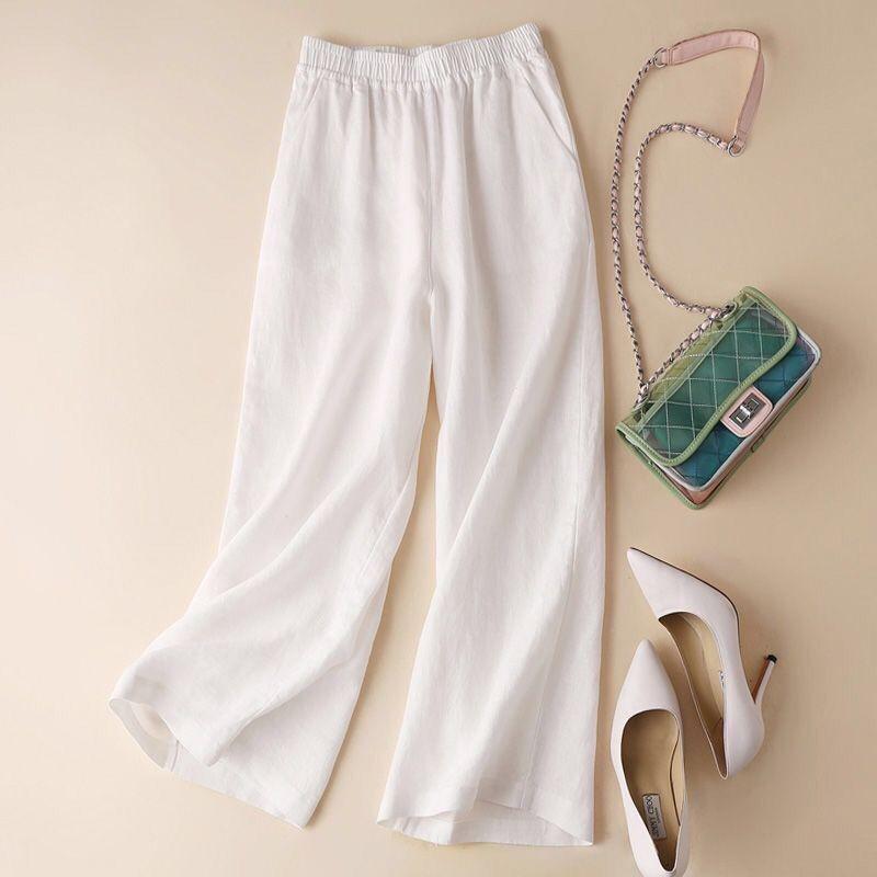 Women's Wide-Leg Linen-Cotton Pants - Solid Color, Nine-Point, Casual, Loose Fit