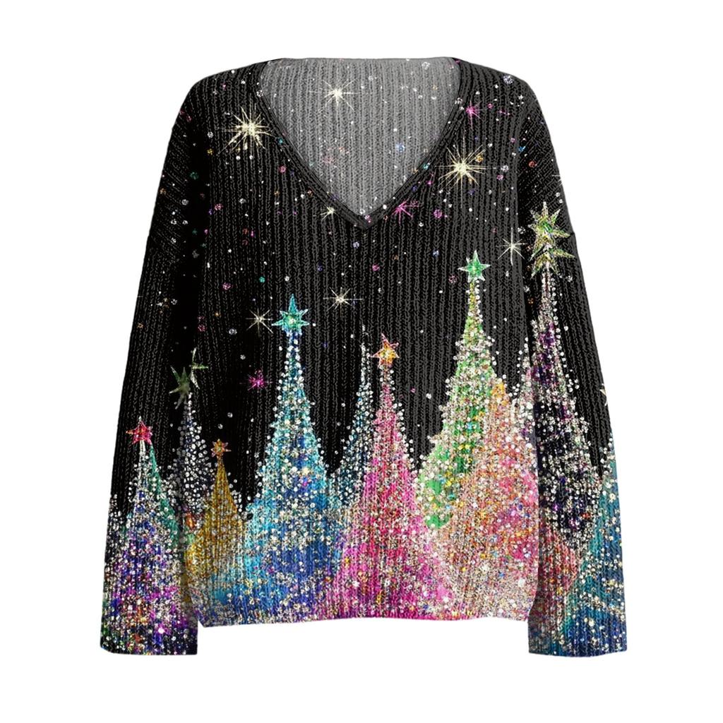 Women's Fashion Casual Long Sleeve Christmas Star Print V-Neck Top