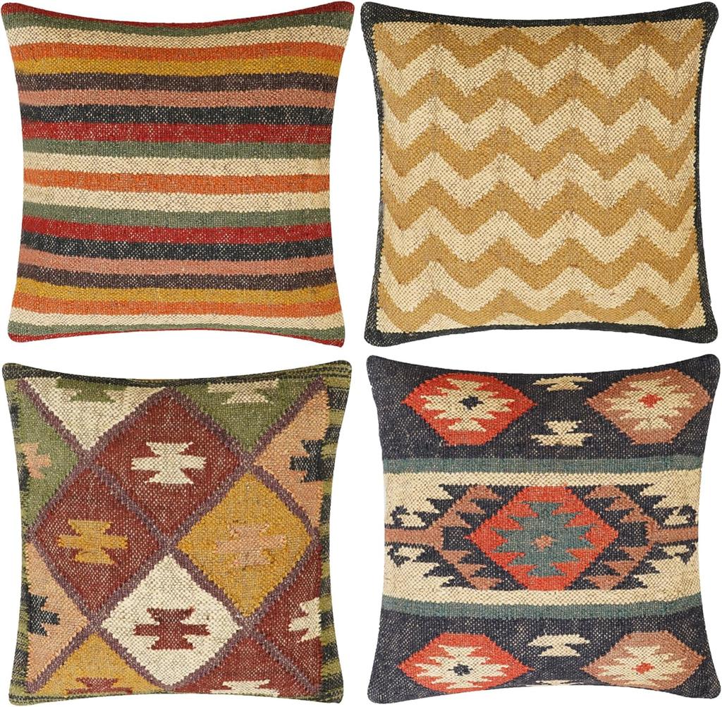 Boho Ręcznie robiona poszewka na poduszkę Juta Wełna Poduszka Vintage Indyjska Plemienna Poduszka na kanapę łóżko krzesło Wystrój salonu Zestaw 4 sztuk