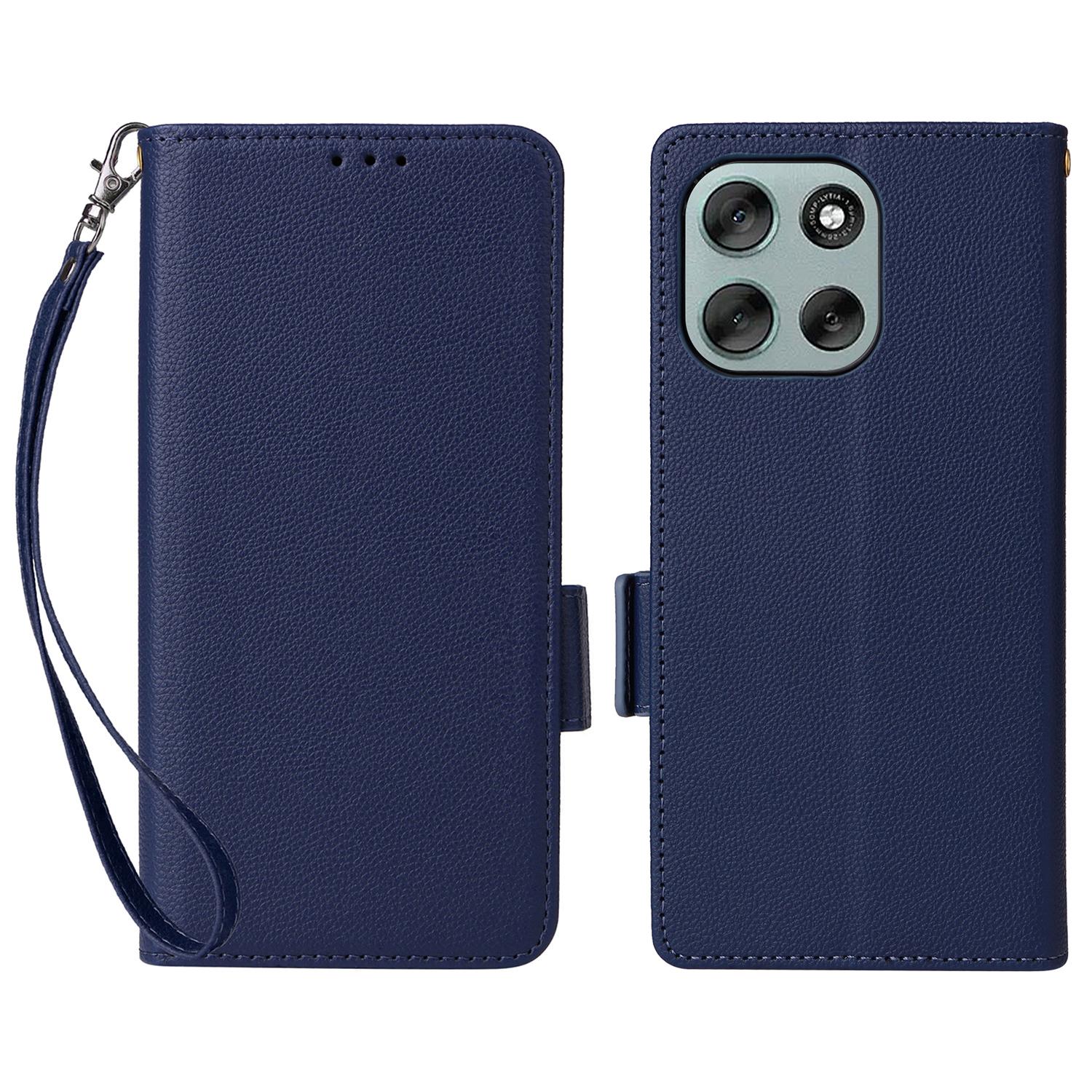 

For Motorola Moto G56 5G Case with Wrist Strap Litchi Texture PU Leather Wallet Phone Cover Dark Blue