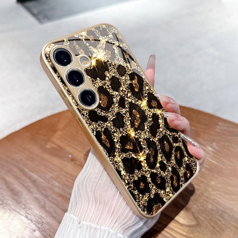 

Flash Gold Leopard Pattern Gold Metallic Paint Glass Phone Case For iPhone 17 11 12 13 14 15 16 Pro Max 15 Plus 17Air 16E Cover iPhone 14 Pro