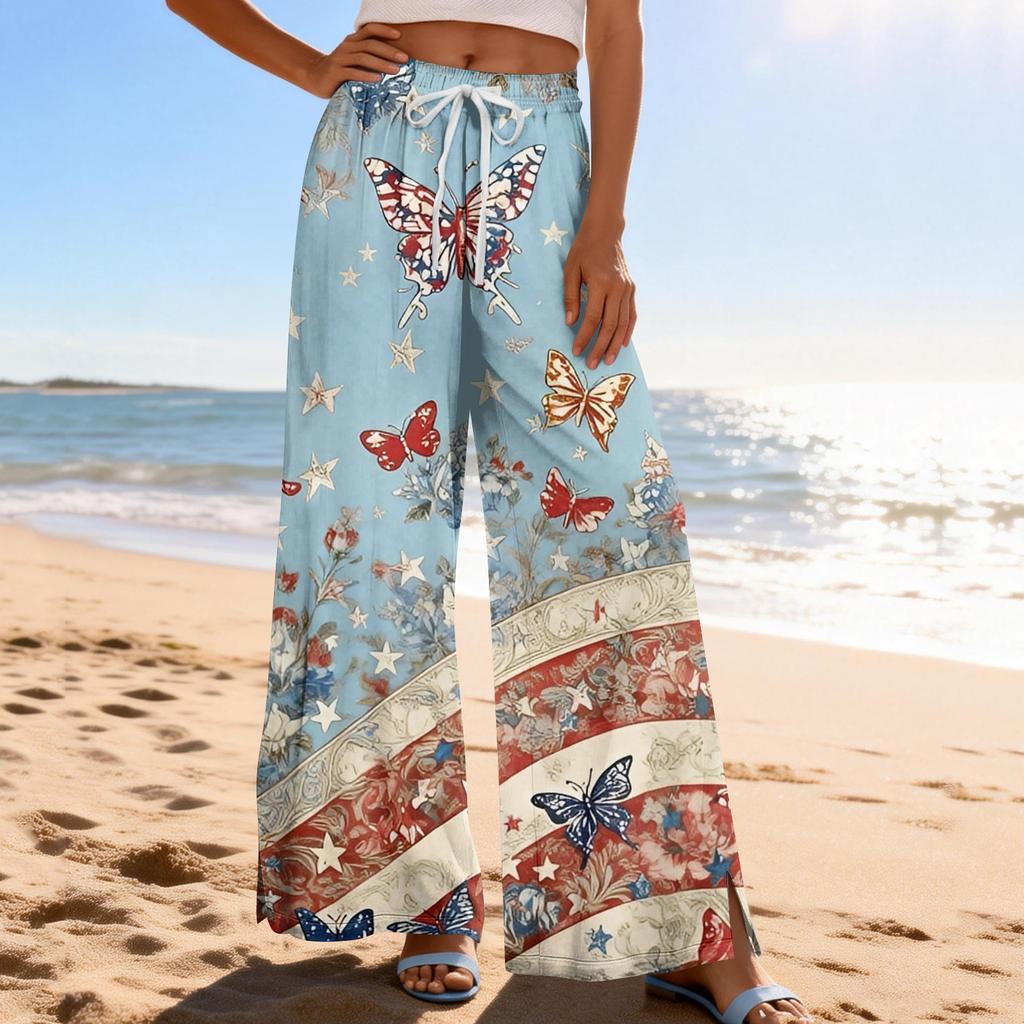 Dámské letní boho palazzo kalhoty s vysokým pasem a širokými nohavicemi, tisk, ležérní kalhoty s kapsami