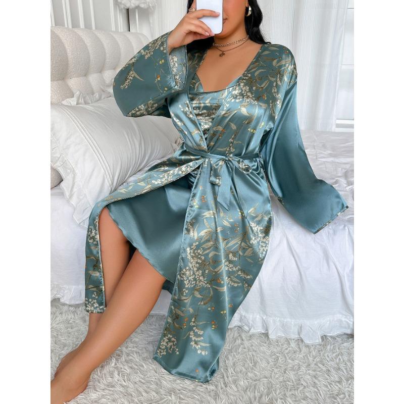 

Весенне-летнее платье-халтер больших размеров с женственным акцентом, ночная сорочка из искусственного шелка с принтом, домашняя одежда из ледяного шелка и шелка 5XL зелёный
