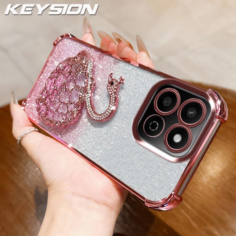 KEYSION Shockproof Plating TPU Phone Case for HONOR X7c Glitter Jewelled Swan kickstand Back Cover for Honor 200 Smart 5G