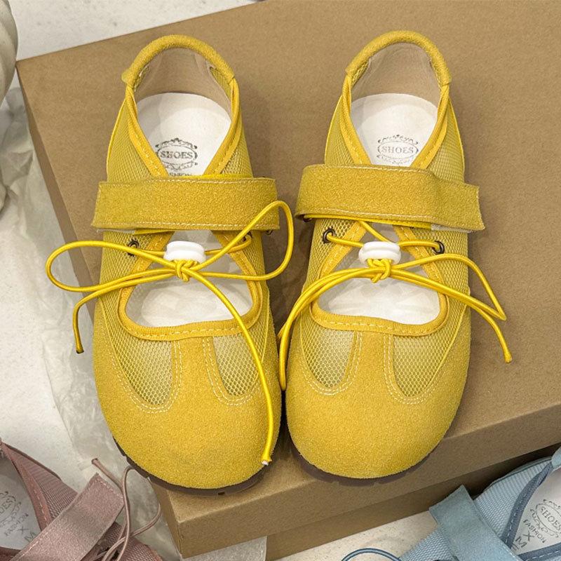 Sweet and Salty Korean Women's Round Head Bow Single Shoes Women's Ballet Mesh Breathable Shallow Mouth Mary Jane Sneakers
