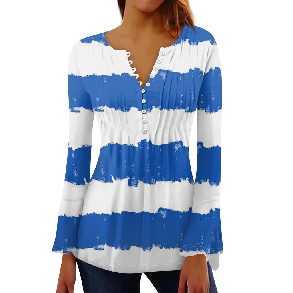 T-Shirt mit Blumenmuster für Damen, V-Ausschnitt, lange Ärmel, Plissee-Knopfleiste