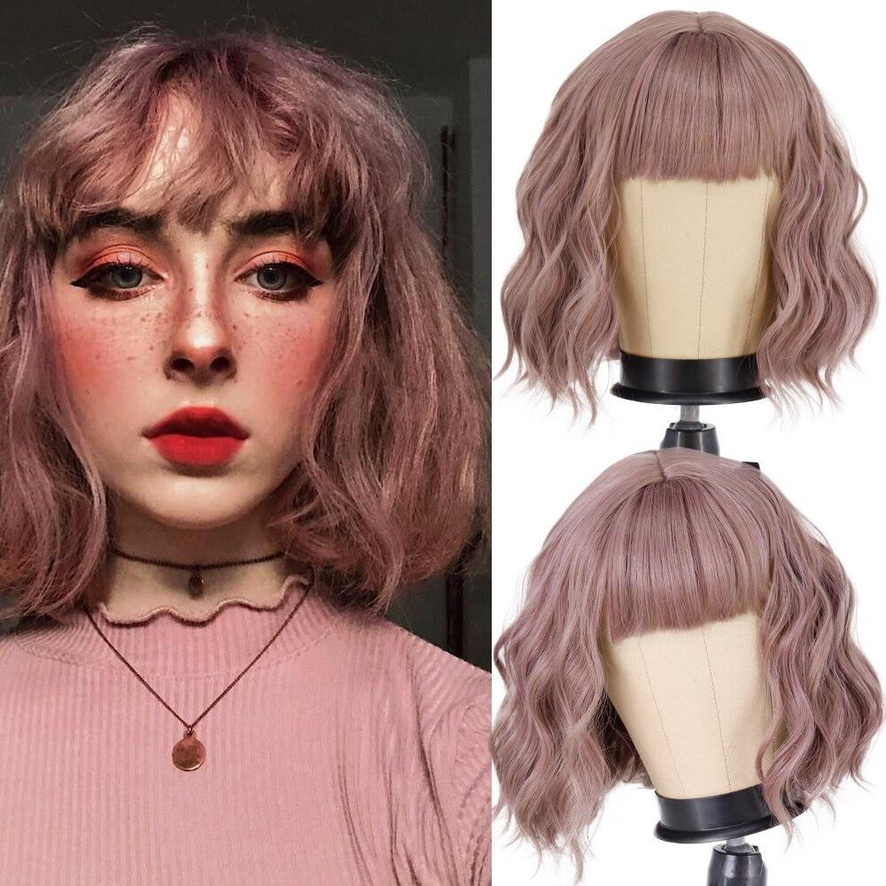 MISS WIG Women Fashion Short Wavy Wig with Bangs Synthetic Fiber Pure White Wavy Wig Cosplay Halloween Party Wear