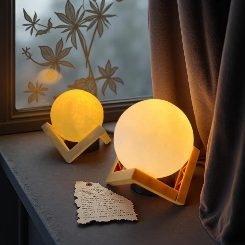 Led Moon Lamp Night Light With Stand 8/12cm Table Print Bracket Battery 3D Lights Warm white multicolor On Home Lamps Romantic