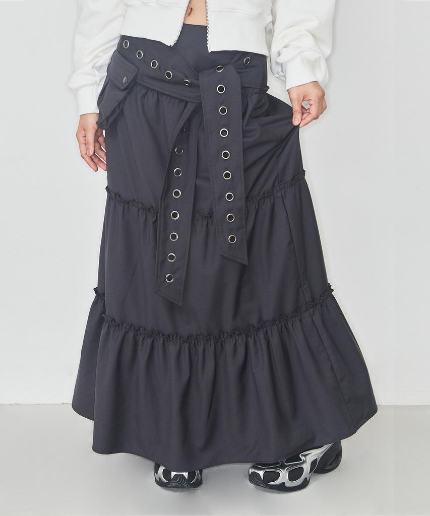 Aejeuyua Pocket Frill Long Skirt Charcoal