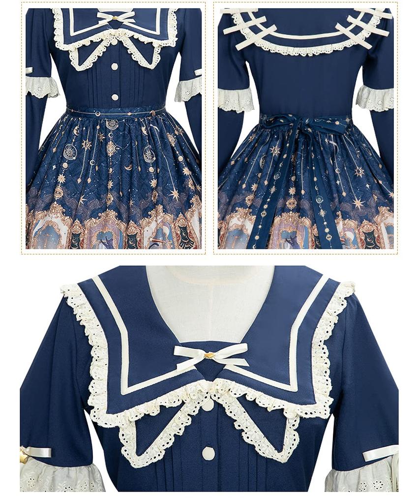Milky Time Classic Lolita Dress, Long Sleeves, Cat Design, Sailor Collar, Navy, Cosplay Costume, Women's, Medium (Navy, M)