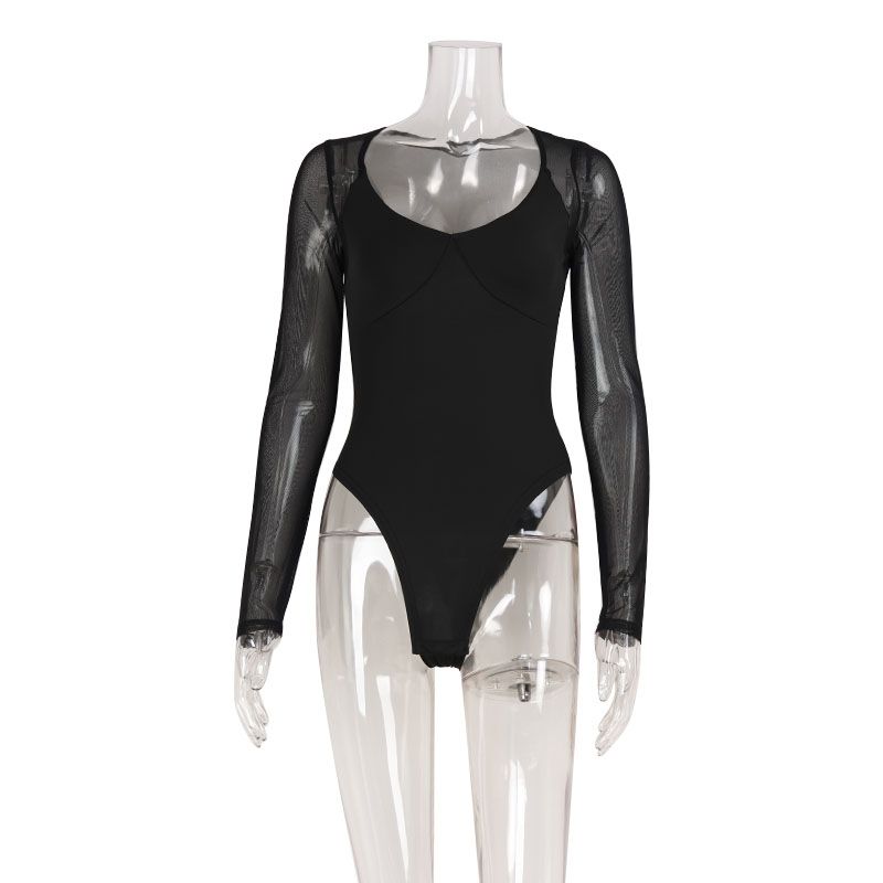 

Cnyishe Western Style Fashion Gyaru Mesh Patchwork Design Long sleeve Jumpsuit Elegant UV Collar Bottoming Shirt Fashion Black S