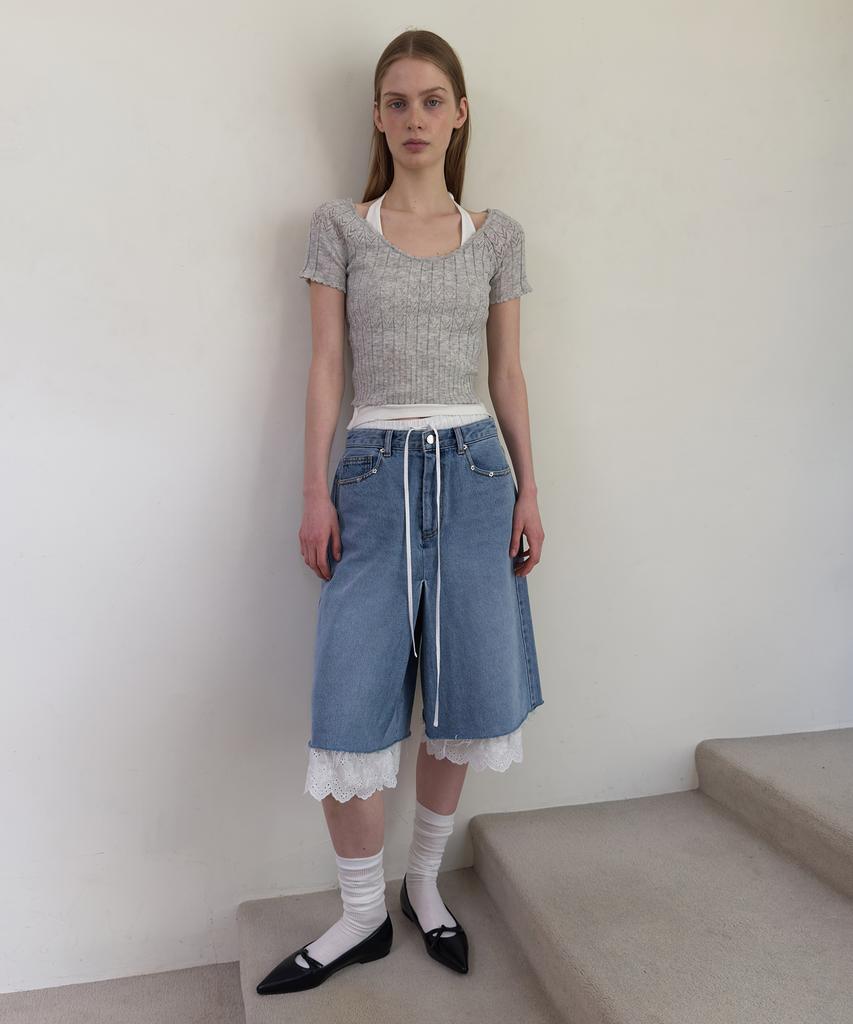 Daiaegeuneol Denim Wrap Skirt Shorts (Blue)
