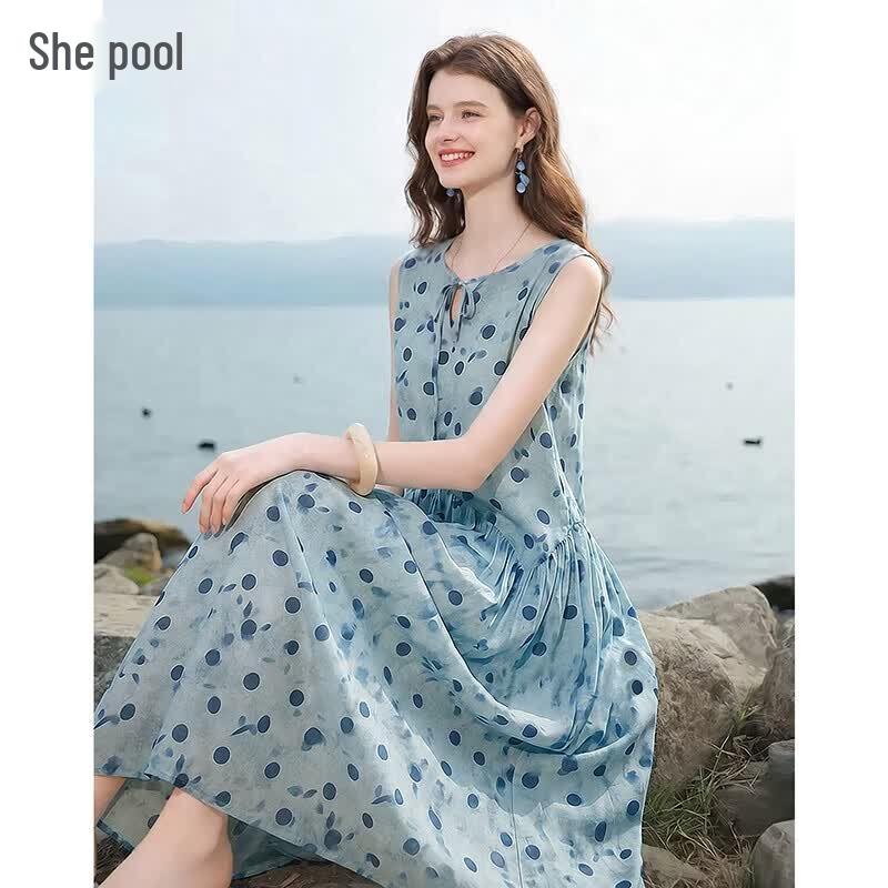 Women s Polka Dot Patchwork A-line Midi Dress One Size синий в горошек