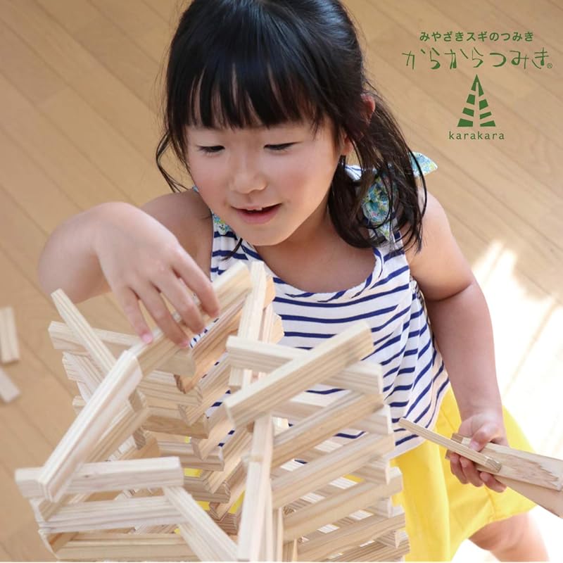 Karakara Tsumiki 108, 240-Piece Wooden Building Blocks, Educational Toy, Made in Japan with Unpainted Miyazaki Cedar, Safe and Secure, Montessori,
