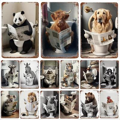 Lustiges Badezimmer, humorvolle Tier-Wanddekoration, Bär, Hund, Tiger, sitzend auf der Toilette, Leseplakat, Kunst, Metallblechschild, Plakette, Toilette, Zuhause